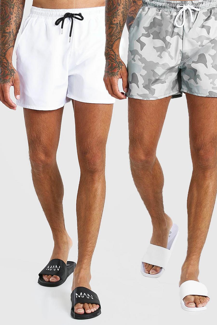 White 2 Pack Camo Print And Plain Mid Length Swim Shorts image number 1