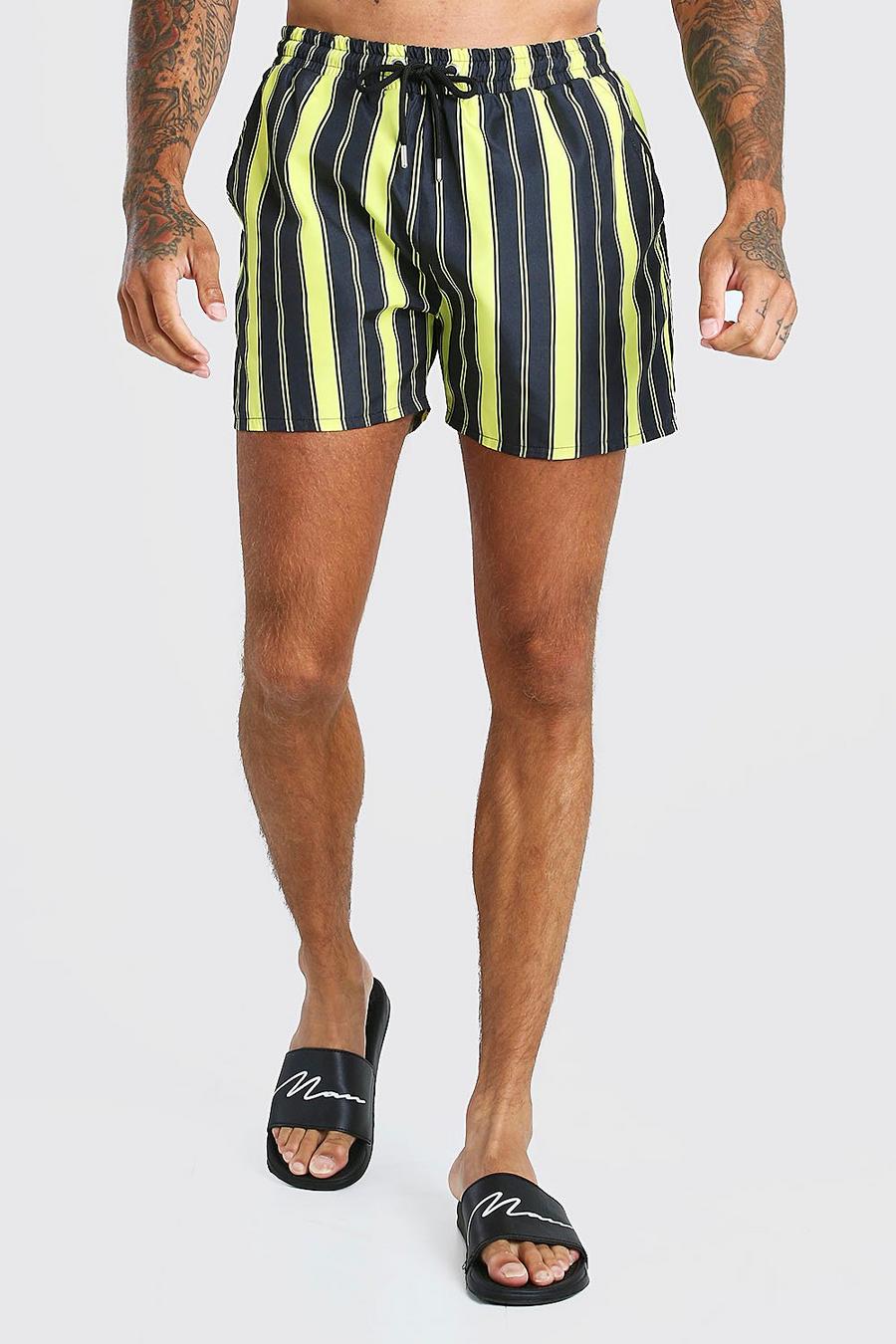 Yellow 2 Pack Stripe And Plain Mid Length Swim Shorts image number 1