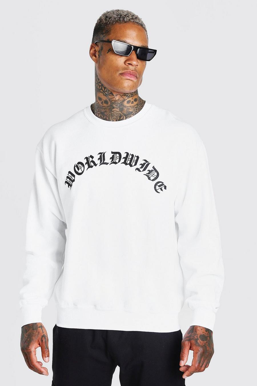 White "Worldwide" Oversize sweatshirt med tryck image number 1