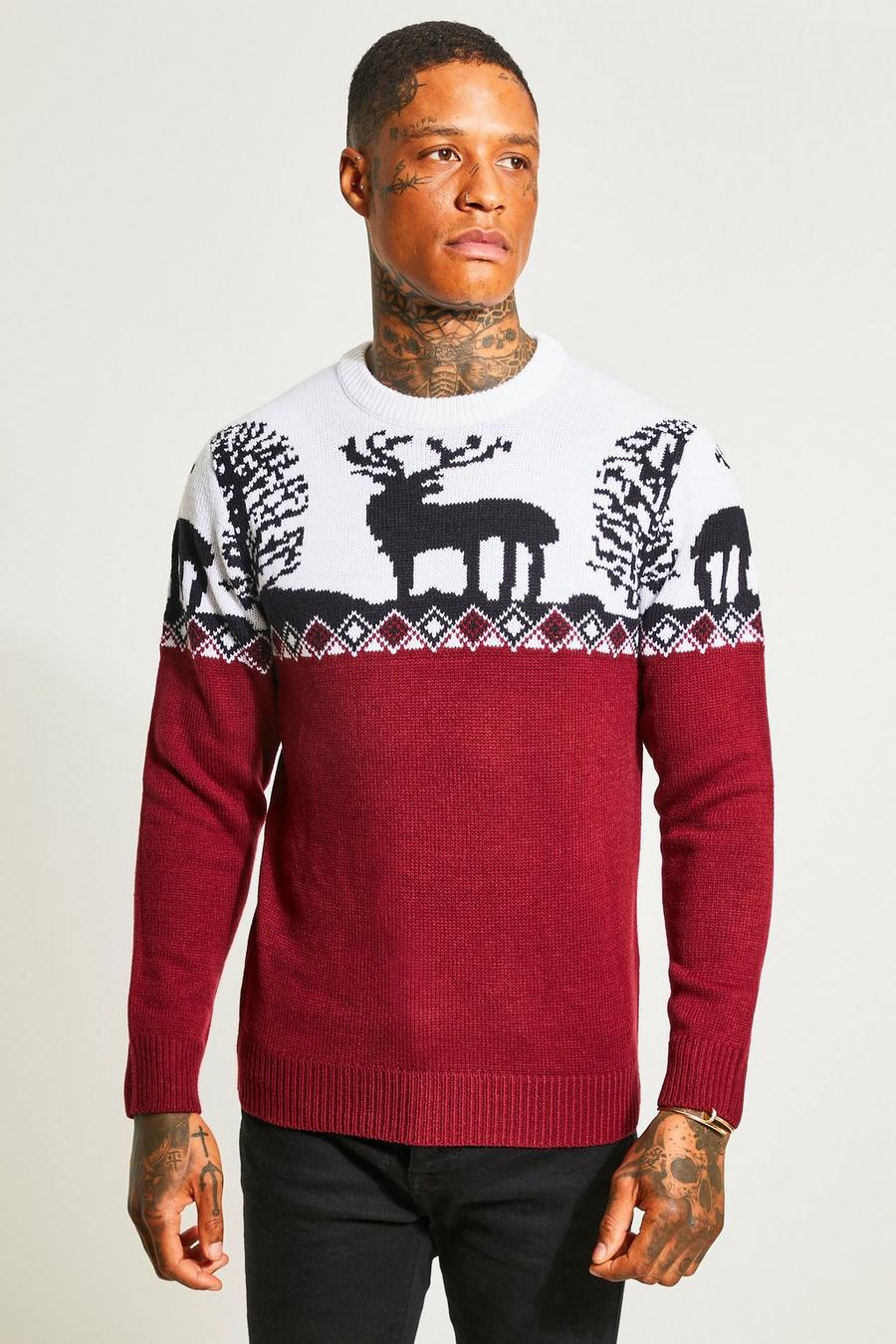 Burgundy Fair Isle Knitted Christmas Sweater image number 1