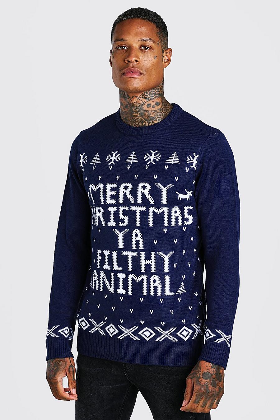 Merry Christmas Ya Filthy Animal Weihnachtspullover, Marineblau image number 1