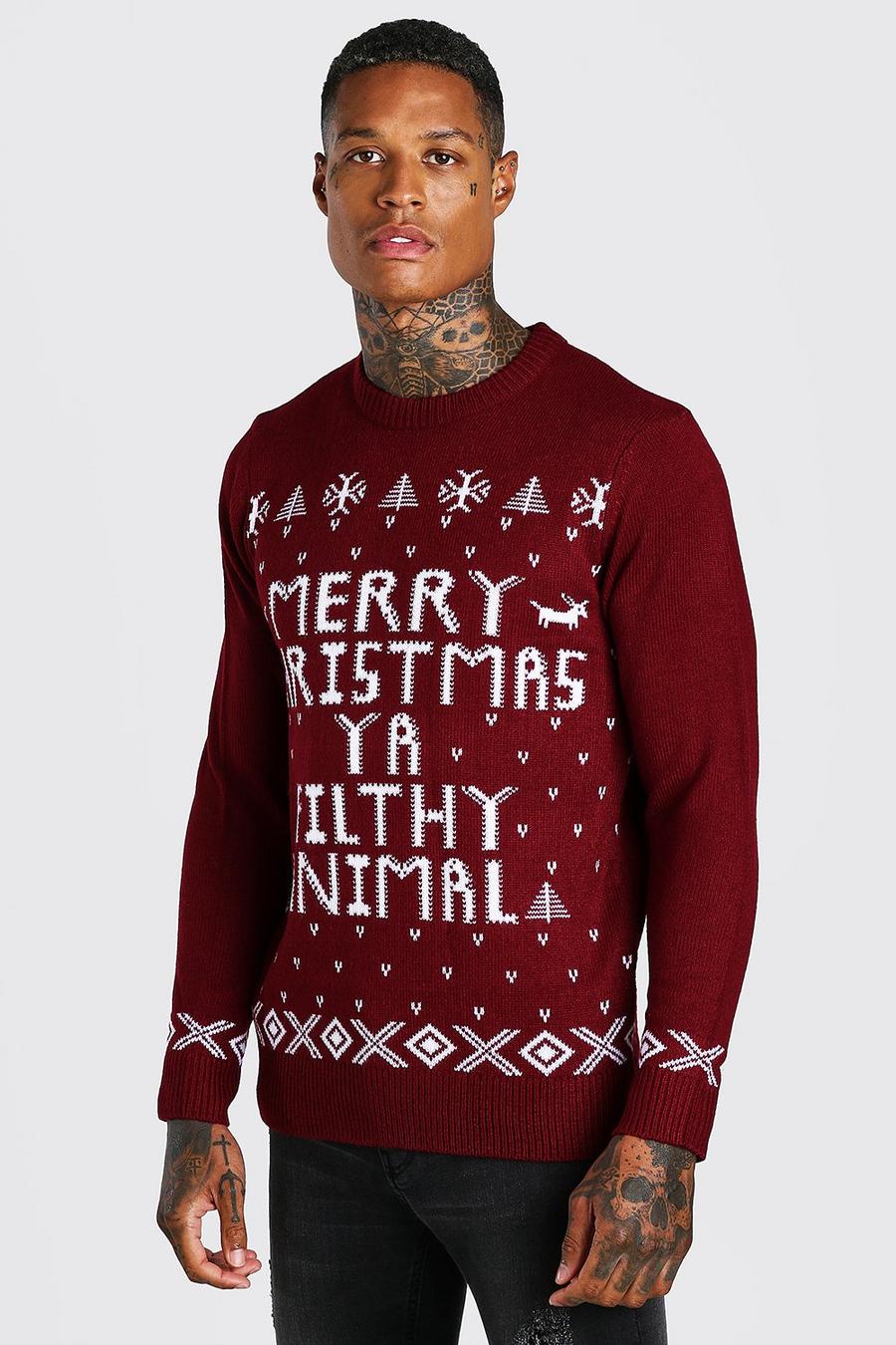 Maglione natalizio con slogan Merry Christmas Ya Filthy Animal, Vino image number 1