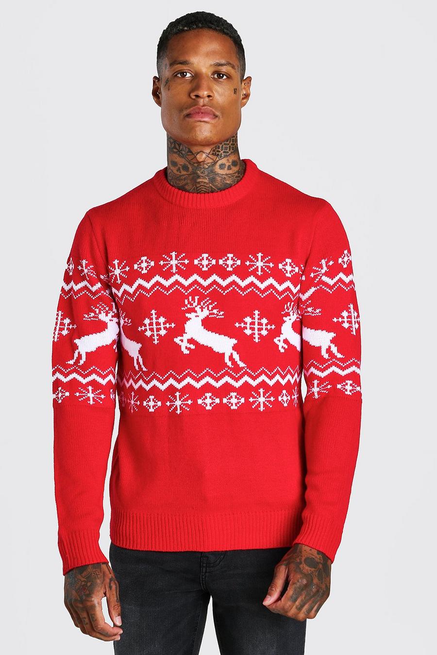 Red Muscle Fit Reindeer Fair Isle Christmas Sweater