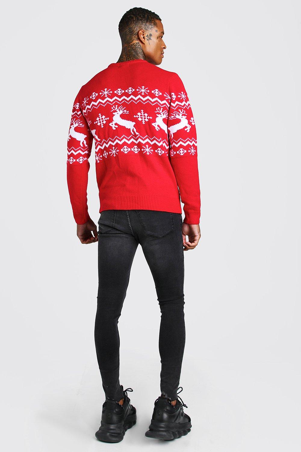 Muscle Fit Reindeer Fair Isle Christmas Sweater boohoo