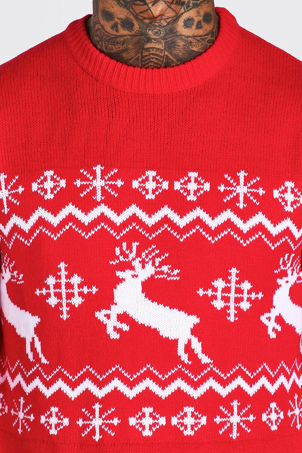 Men's Muscle Fit Reindeer Fair Isle Christmas Sweater