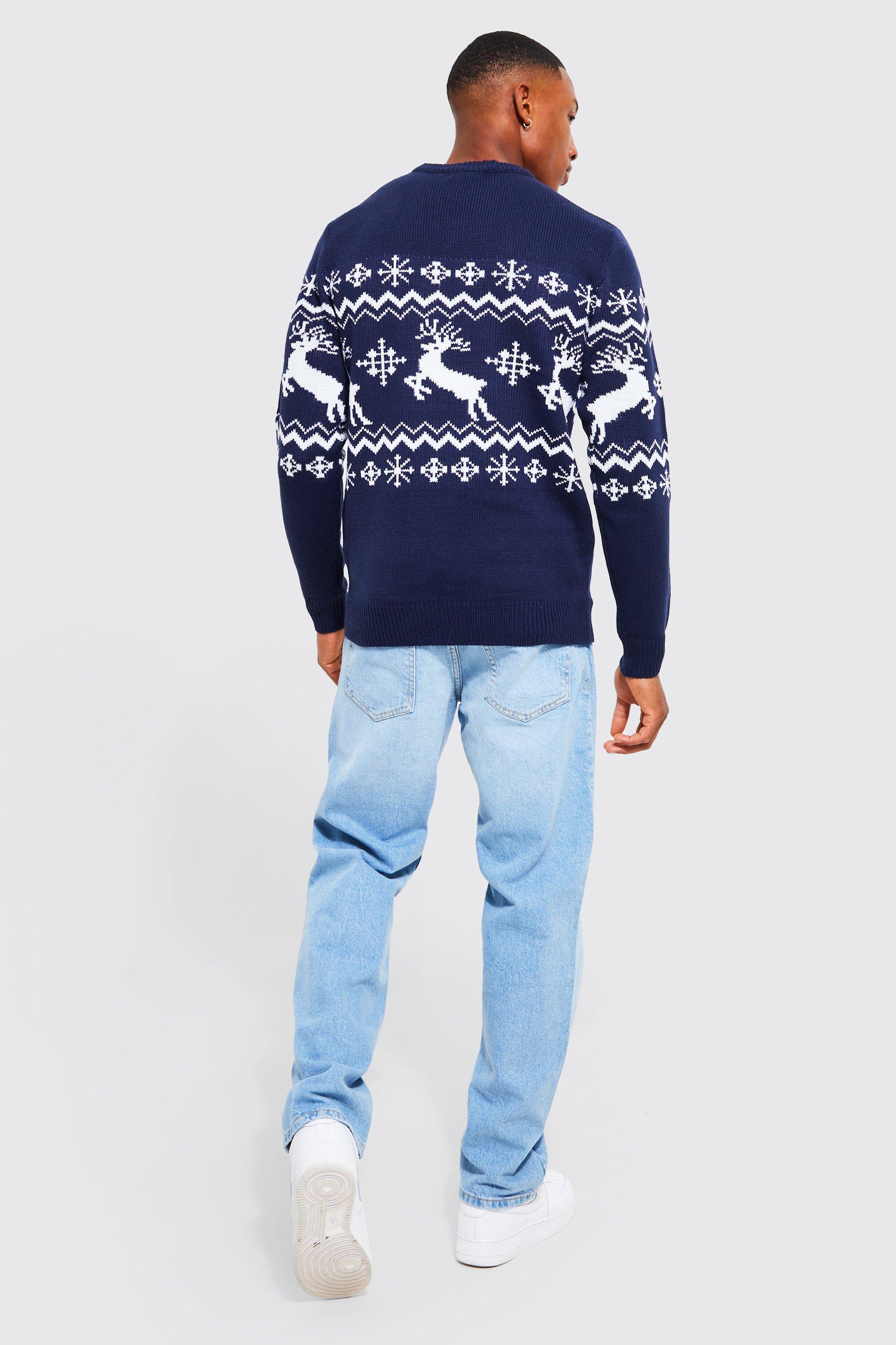 Muscle Fit Reindeer Fair Isle Christmas Sweater