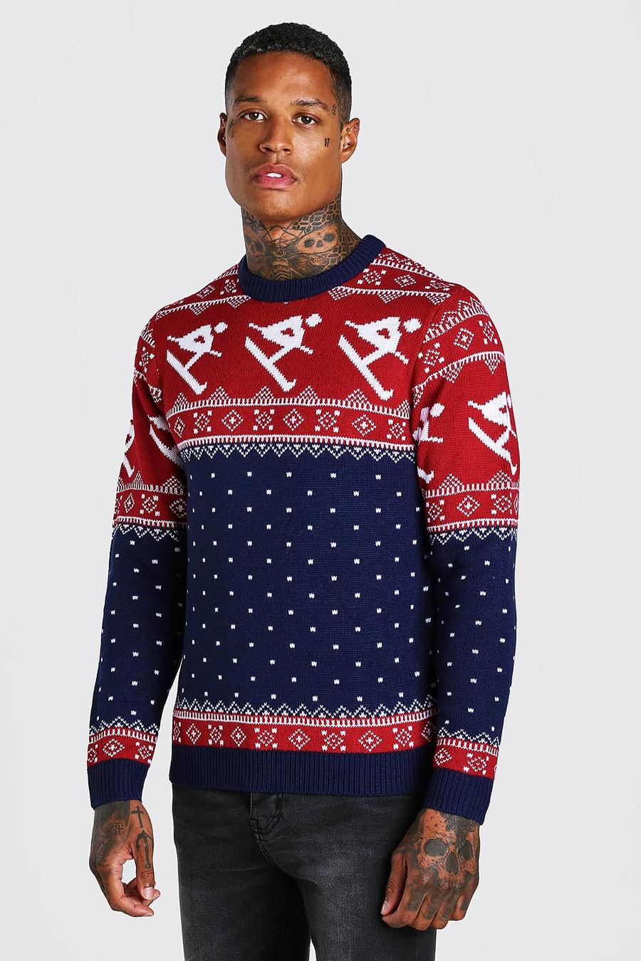 Maglione natalizio con motivi Fairisle e di sci, Blu oltremare image number 1