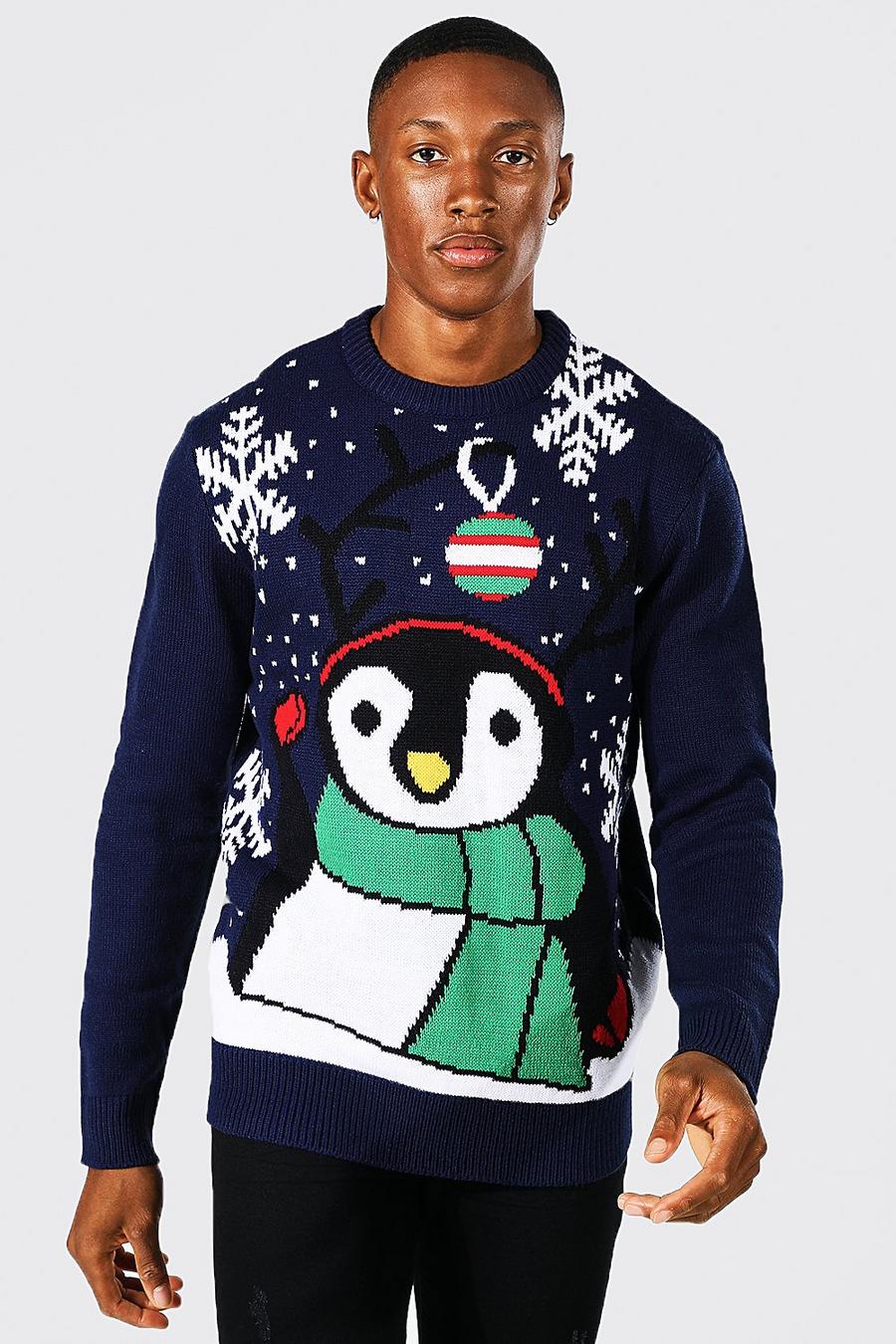 Jersey navideño azul marino con estampado de pingüino image number 1