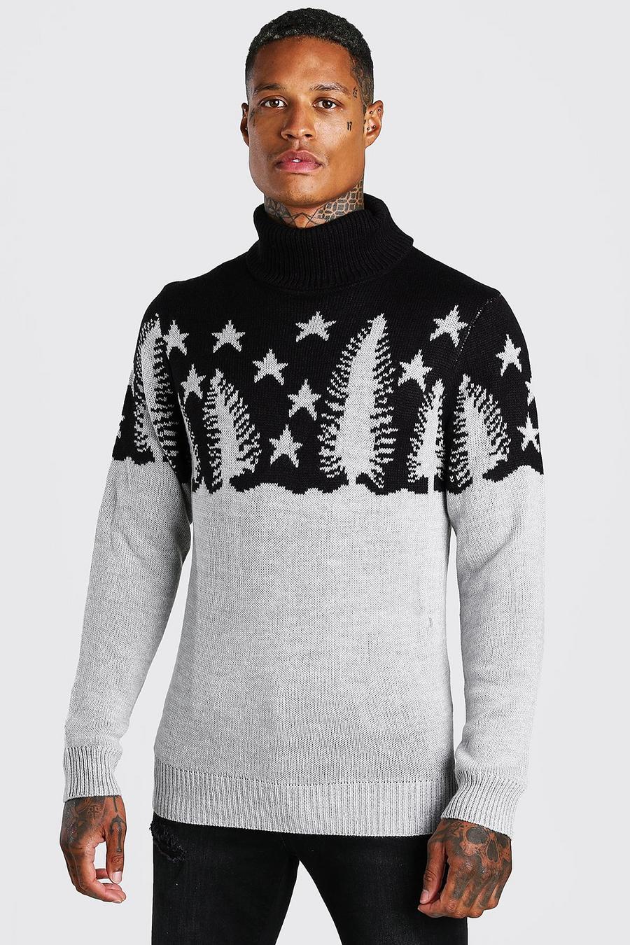 שחור סוודר לחג המולד לגזרה שרירית עם צווארון נגלל ודוגמת יער image number 1