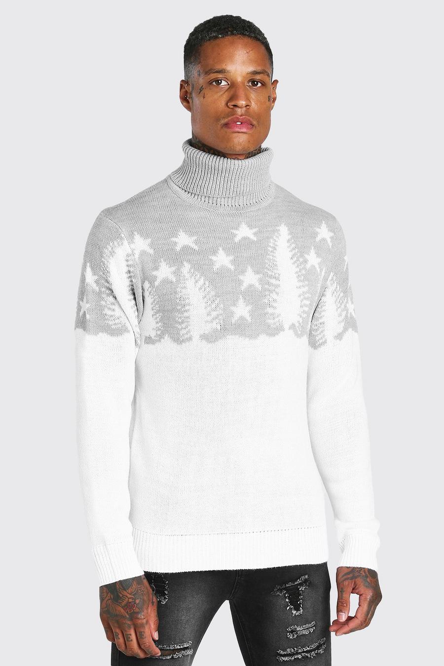 White Muscle Fit Forest Turtleneck Christmas Jumper image number 1
