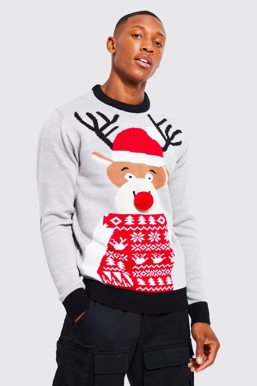 Grey marl Reindeer Santa Hat Christmas Sweater image number 1