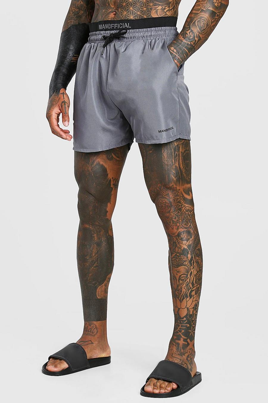 Grey MAN Official Mid Length Double Waistband Swim Shorts image number 1
