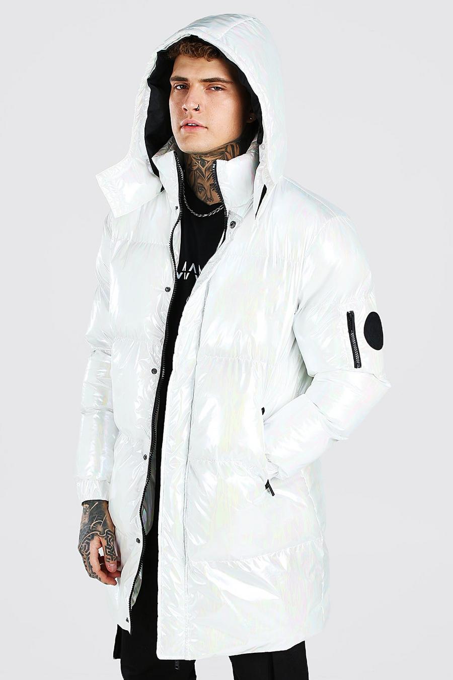 White Iridescent Hooded Longline Puffer image number 1