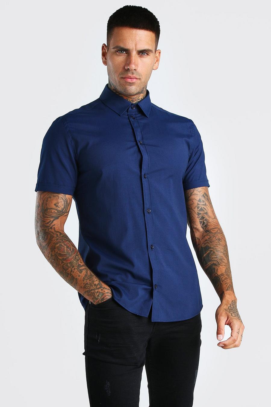 Marineblauw Muscle fit shirt met korte mouwen  image number 1