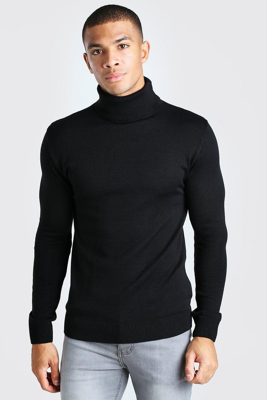 שחור סוודר בגזרה שרירית עם צווארון מגולגל image number 1