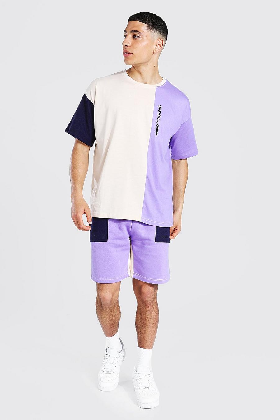 Purple Oversized Man Colour Block T-Shirt Shorts Set image number 1