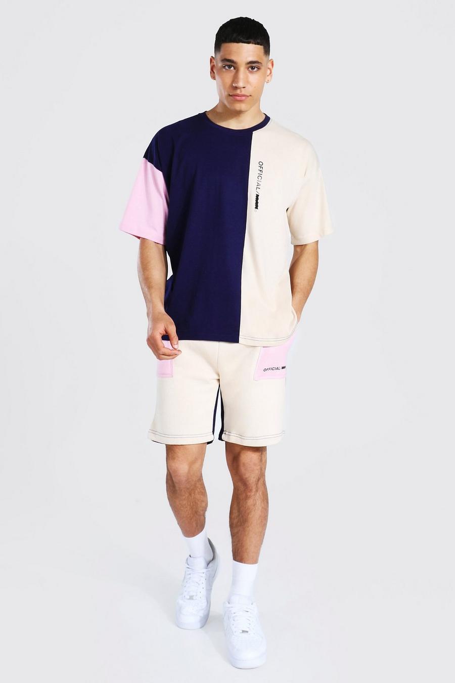 Pink Oversized Man Colour Block T-Shirt Shorts Set image number 1