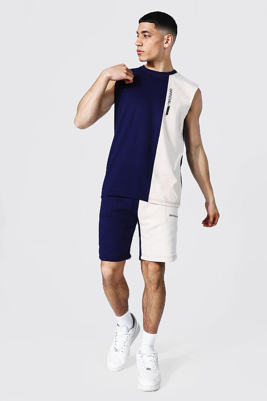 Navy Official MAN Colour Block Tank and Short Set image number 1