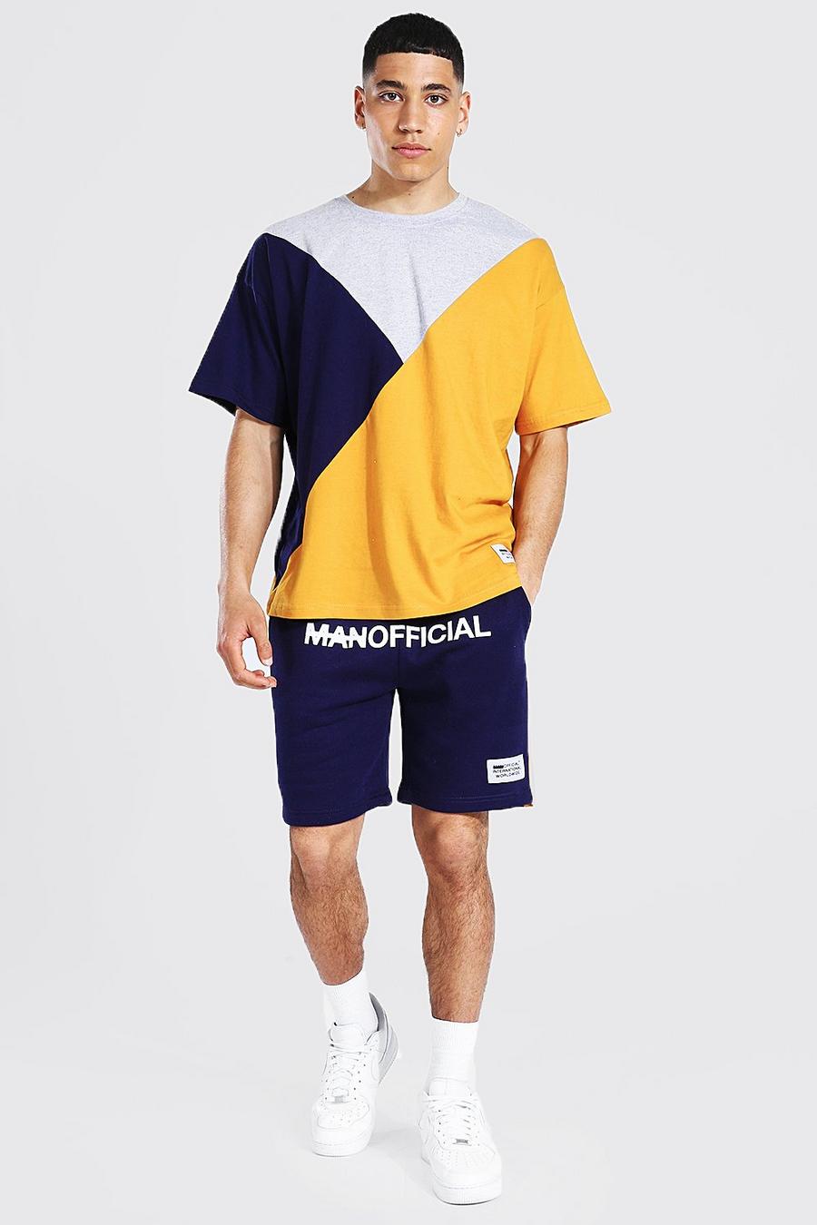 Navy Man Gesplitst Colour Block T-Shirt En Shorts Set image number 1