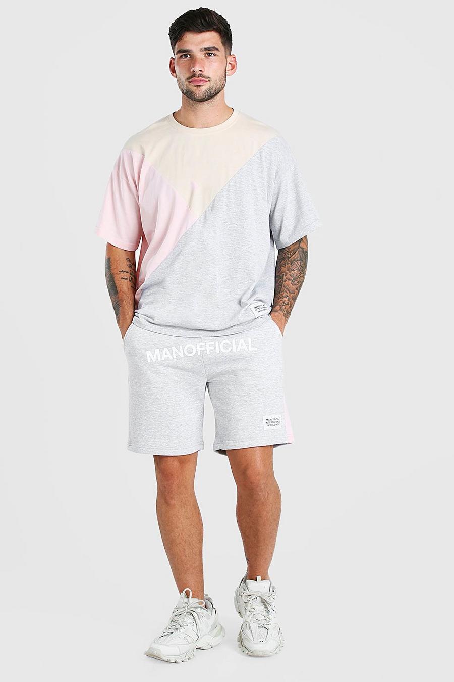 Set MAN Official con T-shirt e pantaloncini a blocchi di colore a sezioni, Grigio mélange image number 1