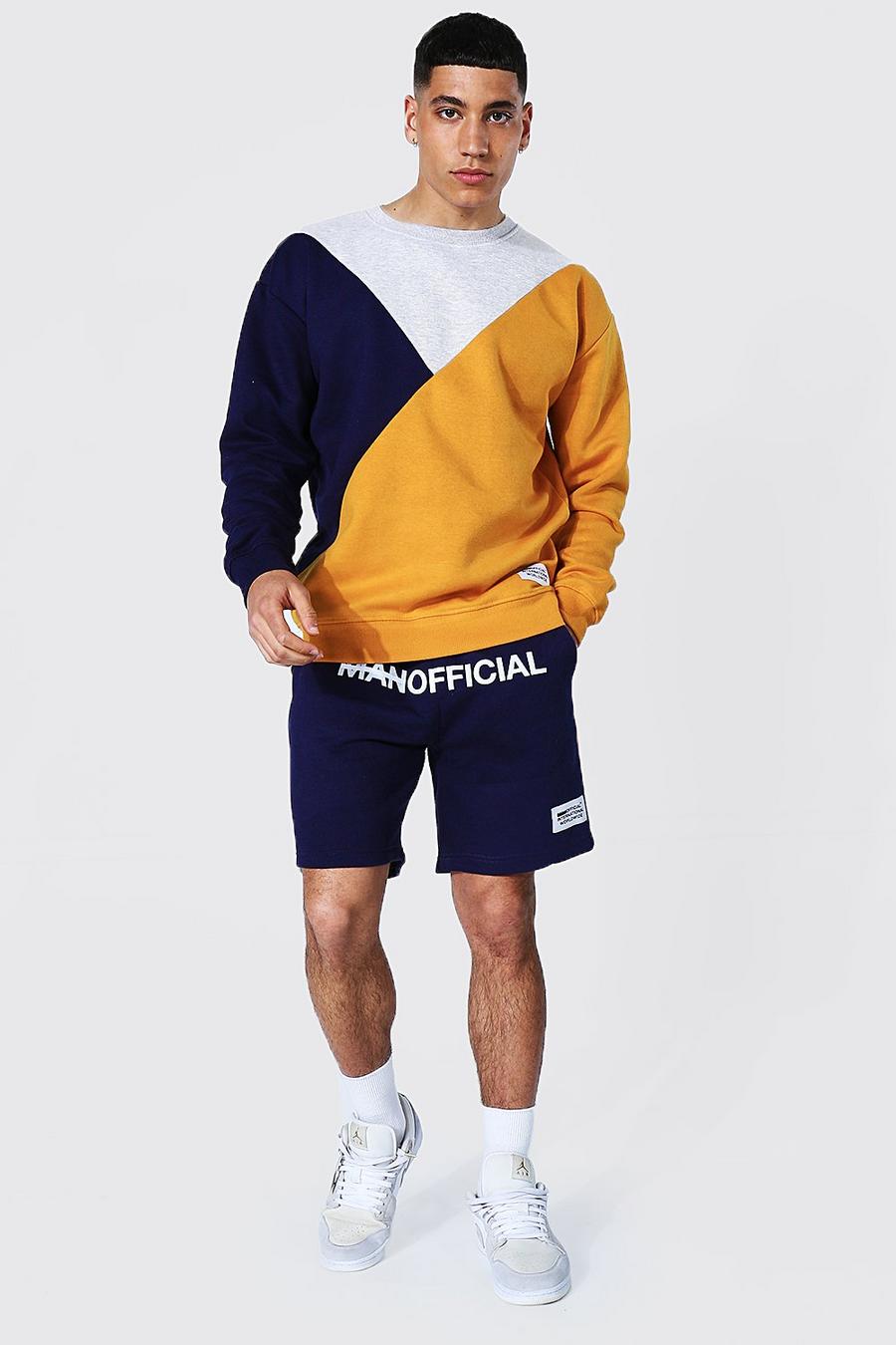 Navy Loose Spliced Colour Block Short Tracksuit image number 1