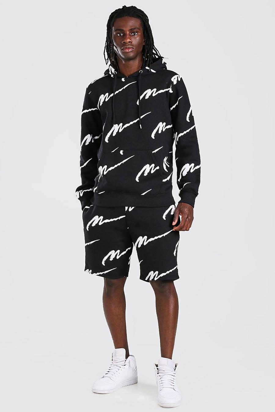 Black All Over MAN Printed Hooded Short Tracksuit image number 1