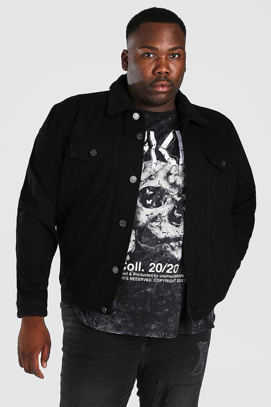 Black Plus Size Borg Lined Denim Jacket image number 1