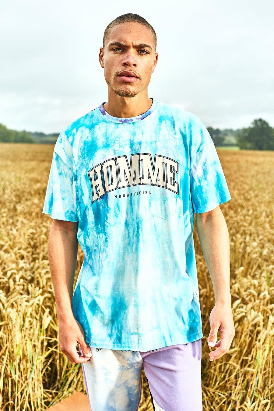 T-shirt universitaire effet tie-dye imprimé à bords bruts coupe oversize, Lilas image number 1