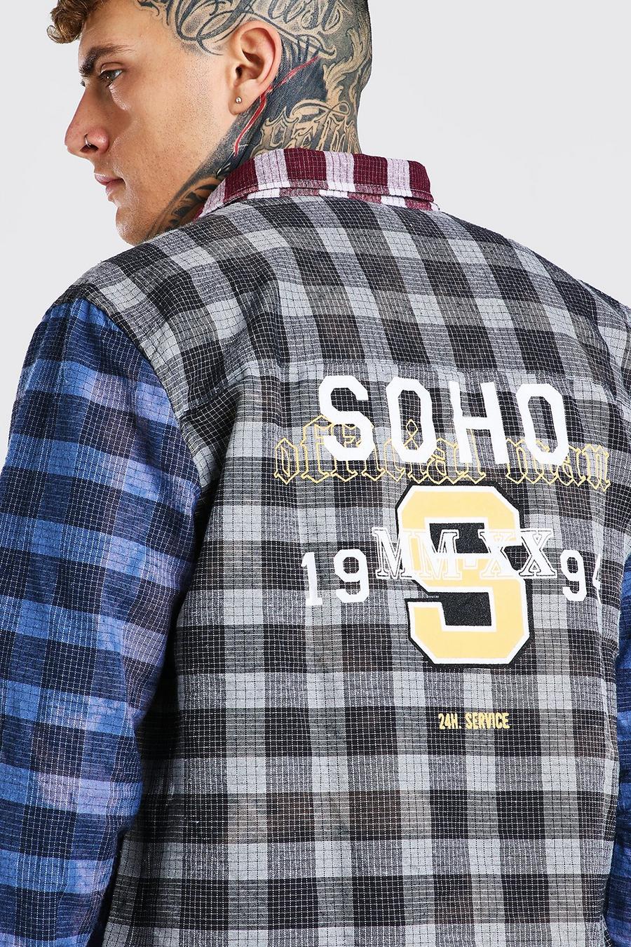 Blue Long Sleeve Spliced Check Shirt With Soho Back Print image number 1
