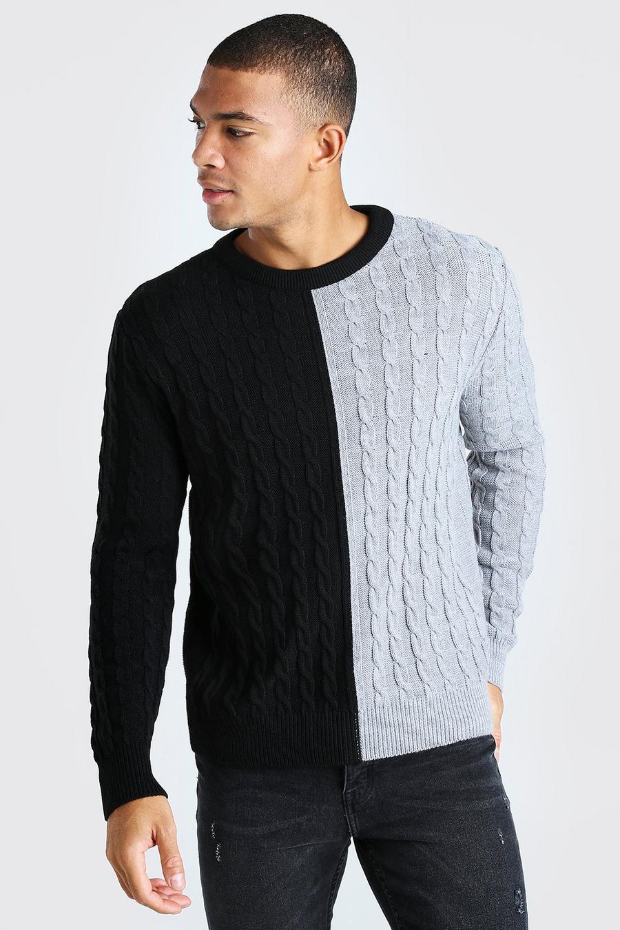 Black Cable Knit Colour Block Spliced Sweater image number 1