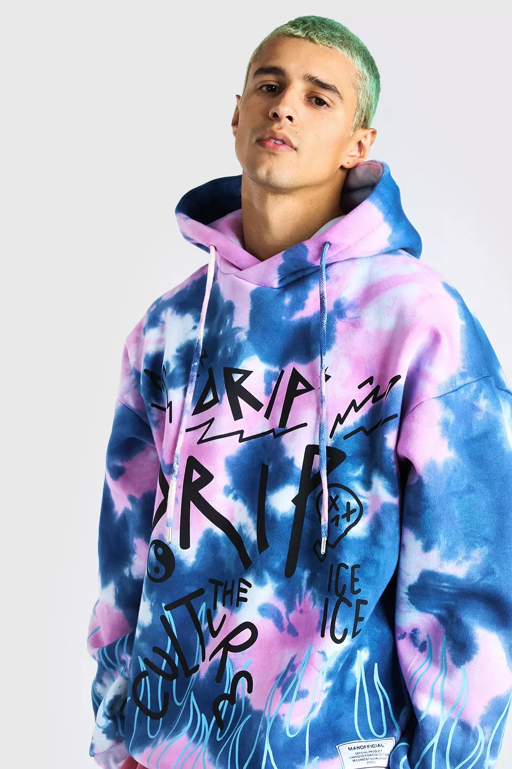 Oversized Tie Dye Graffiti Flame Print Hoodie