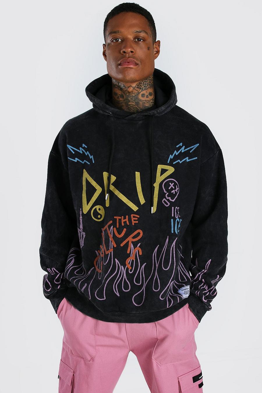 Black Oversized Graffiti Flame Print Hoodie image number 1