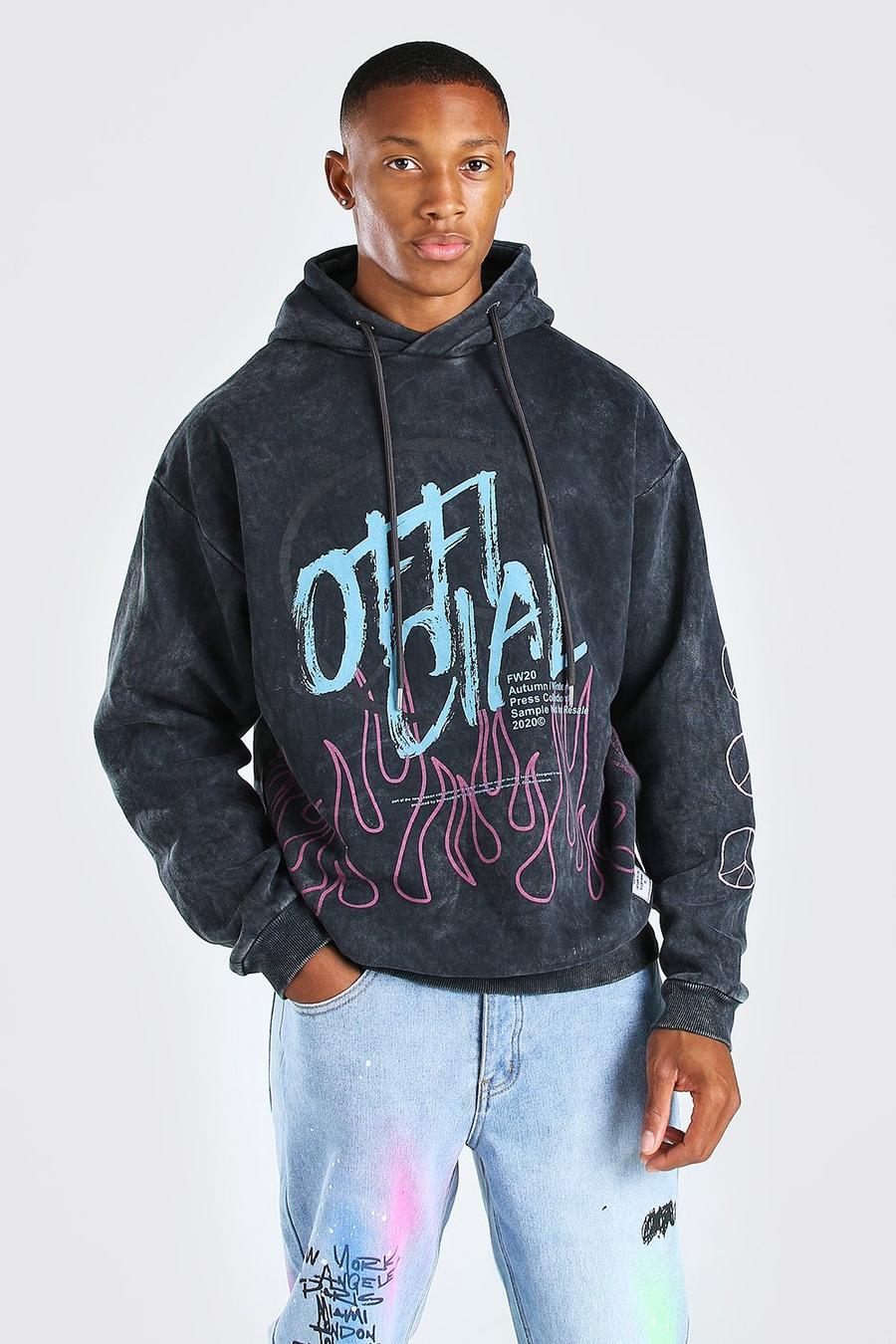 Grey Stentvättad oversize hoodie med graffititryck och peacetecken image number 1