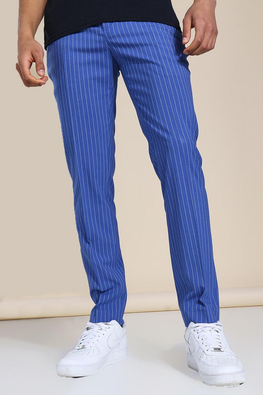 Blue Kritstrecksrandiga kostymbyxor i skinny fit image number 1