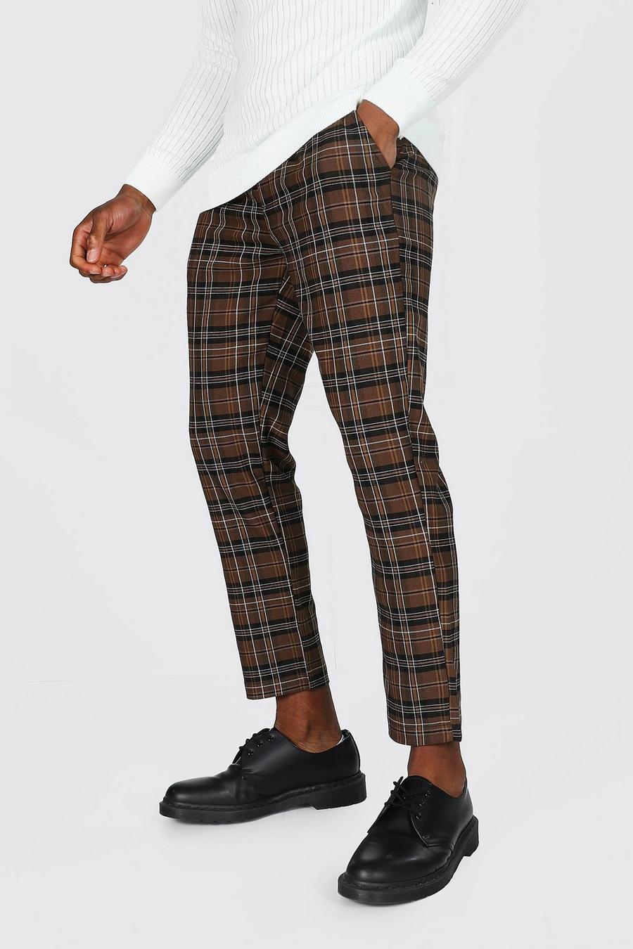 מכנסי ריצה קרופ סקיני בצבע חום עם הדפס משבצות image number 1