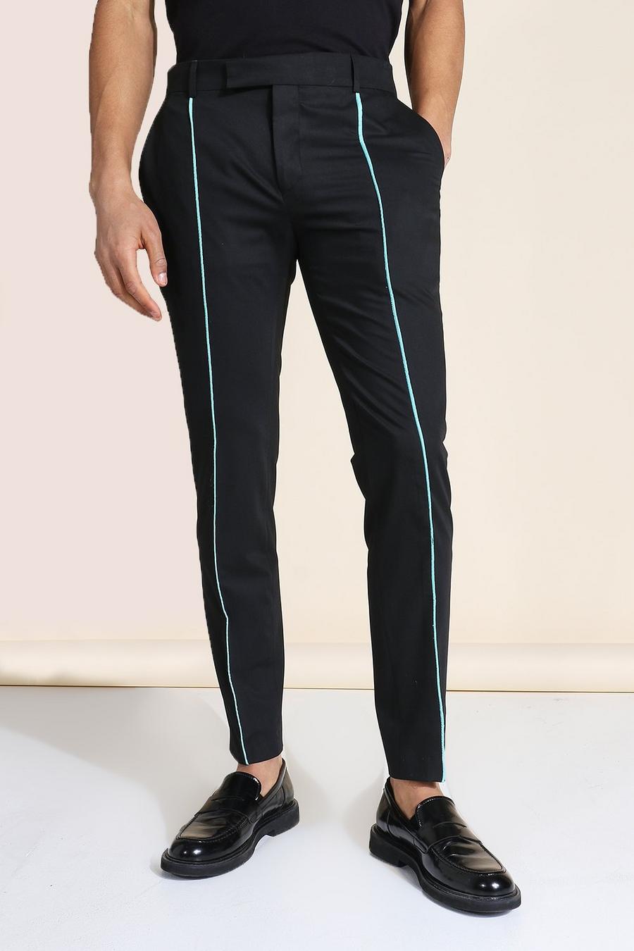 Teal Skinny Neon Piped Tailored Pants image number 1
