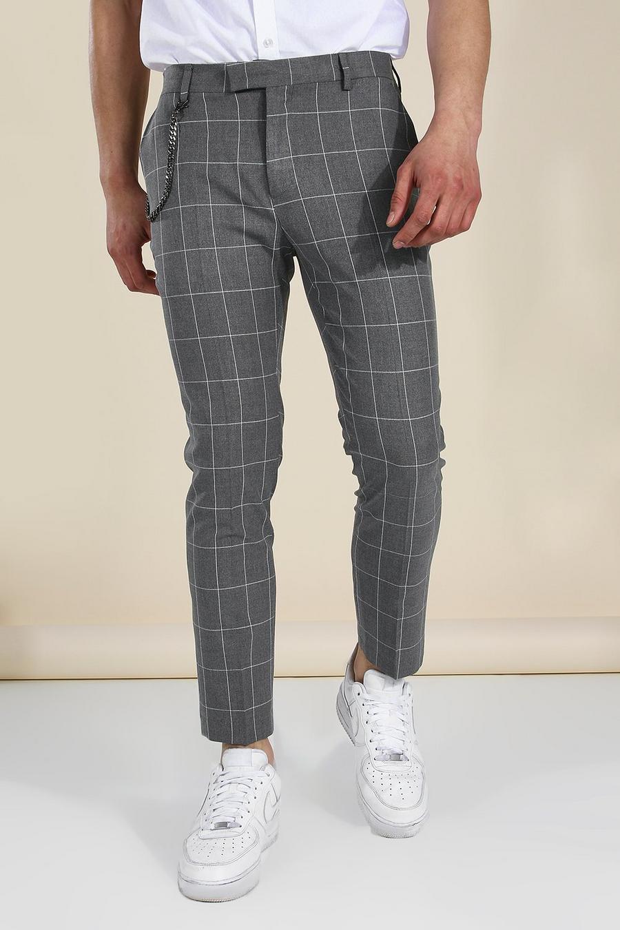 Pantalon court ajusté skinny à carreaux avec chaîne, Gris image number 1