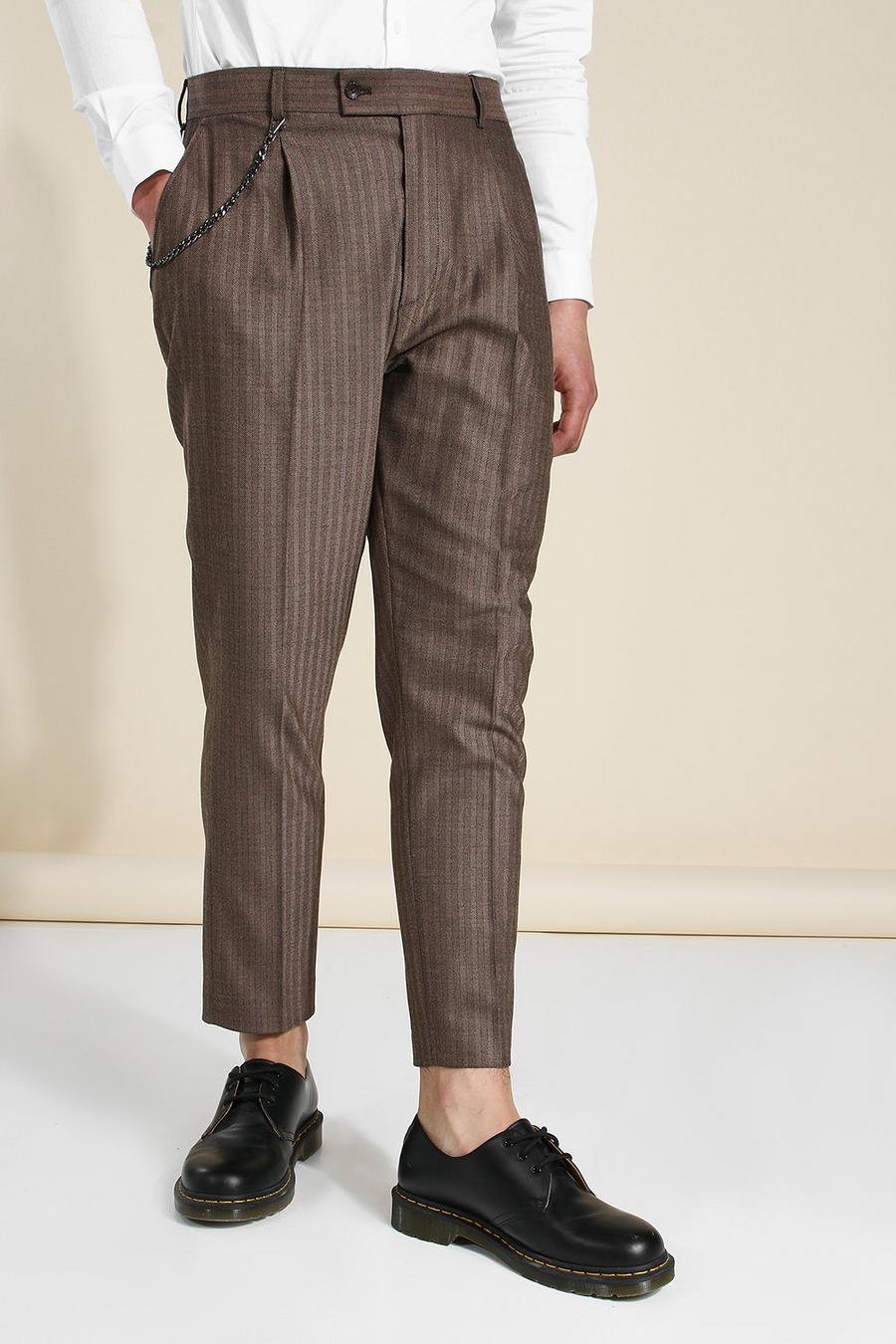 Brown Tapered Herringbone Tailored Chain Pants image number 1