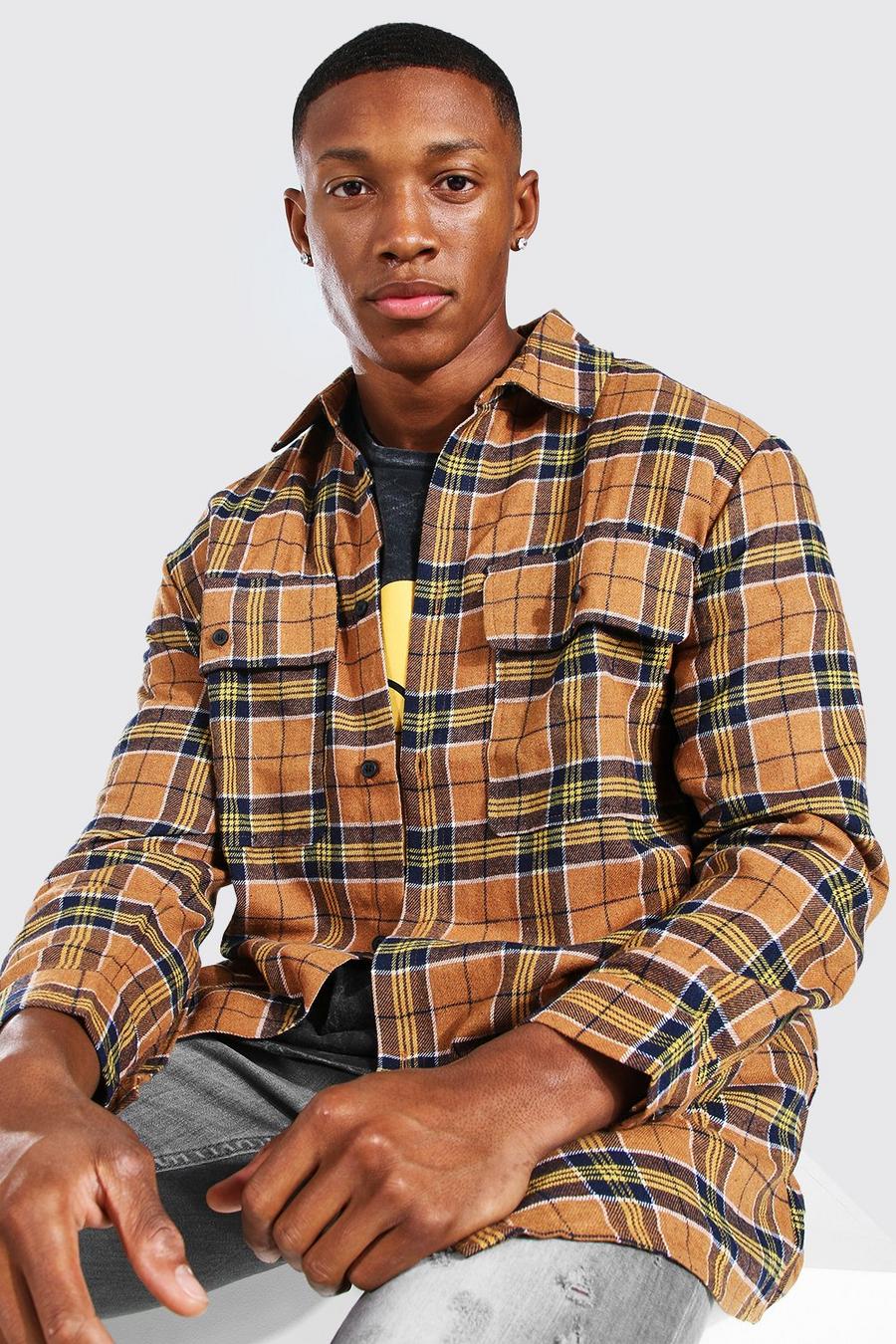 Tan Långärmad rutig skjortjacka med borstad yta image number 1