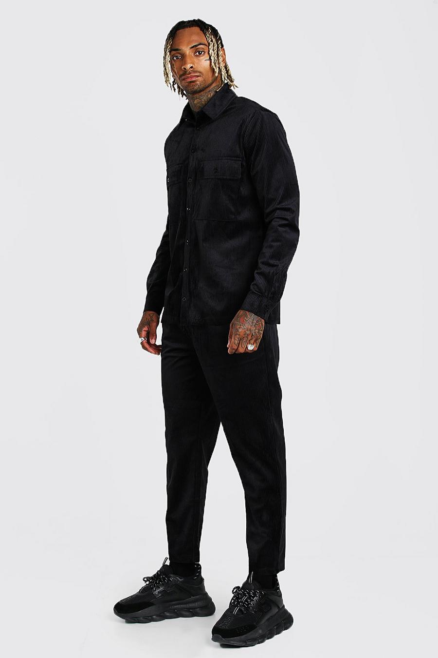 Black סט חולצה ומכנסיים מבד קורדרוי בסגנון שימושי  image number 1