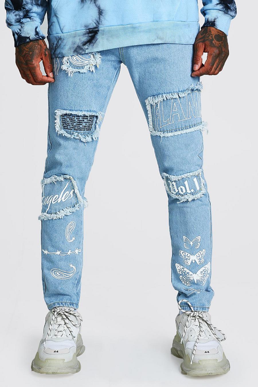 Steife Skinny Jeans mit durchgehender Stickerei, Hellblau image number 1