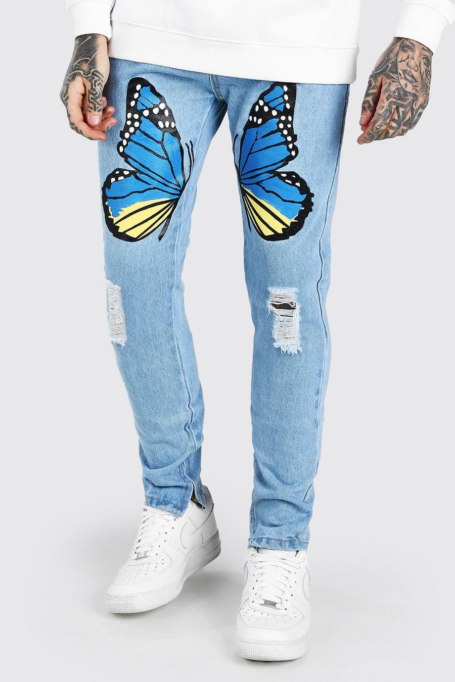 Skinny Stretch-Jeans mit Schmetterlings-Print, Hellblau image number 1
