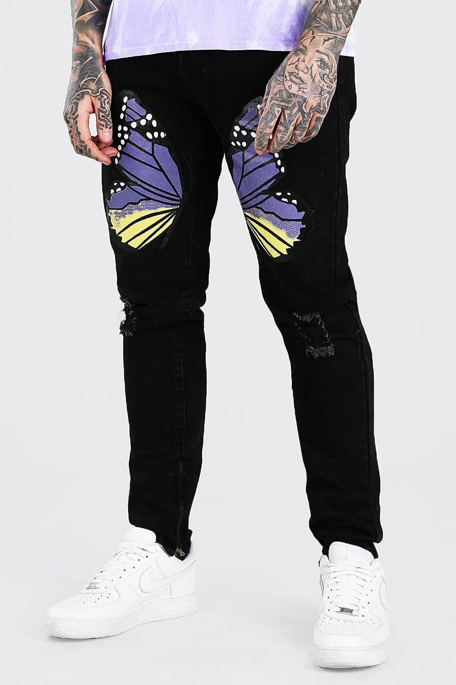 Skinny Stretch-Jeans mit Schmetterlings-Print, Verwaschenes schwarz image number 1