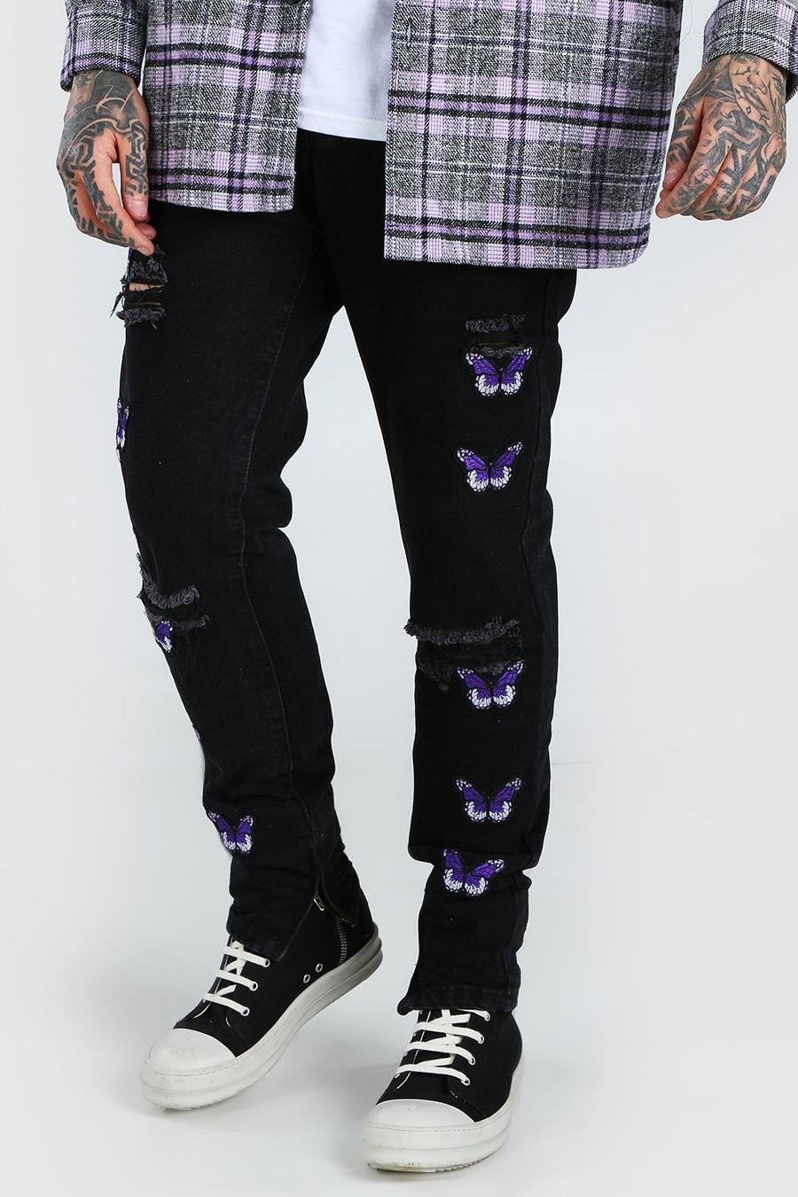 שחור דהוי מכנסי ג'ינס קשיחים בגזרת סקיני עם אפליקציית תג פרפרים image number 1
