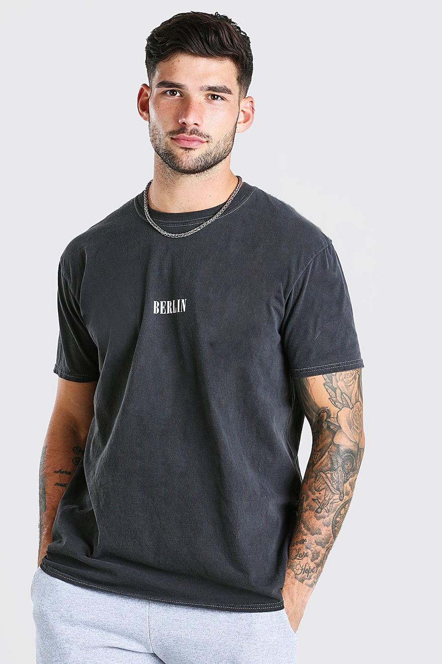 Charcoal "Berlin" Oversize överfärgad t-shirt med tryck image number 1