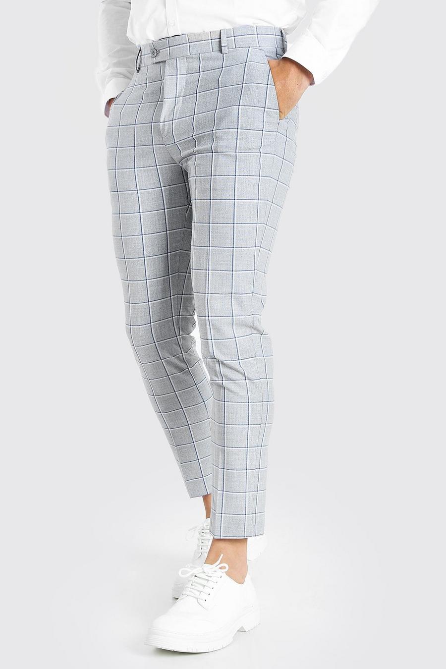 Grey Skinny Windowpane Check Cropped Pants image number 1
