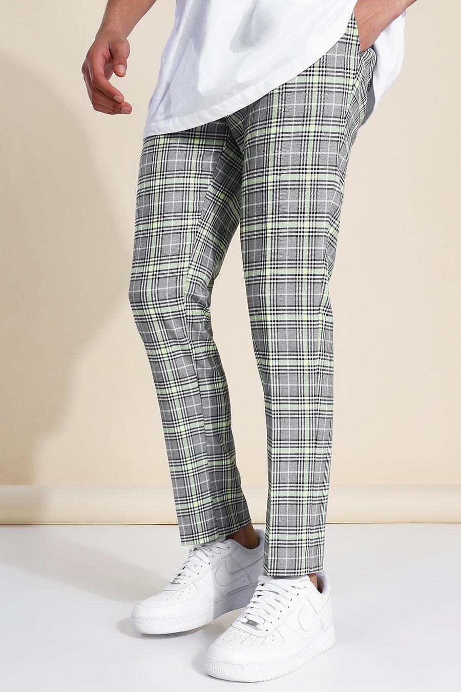 אפור מכנסי סקיני קרופ מחויטים עם הדפס משבצות ניאון ושרשרת image number 1