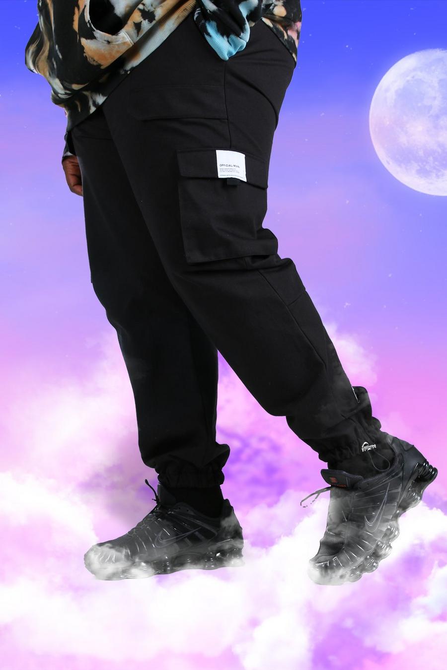 שחור מכנסי ריצה טוויל בסגנון שימושי עם מכפלת חפתים לגברים גדולים וגבוהים image number 1