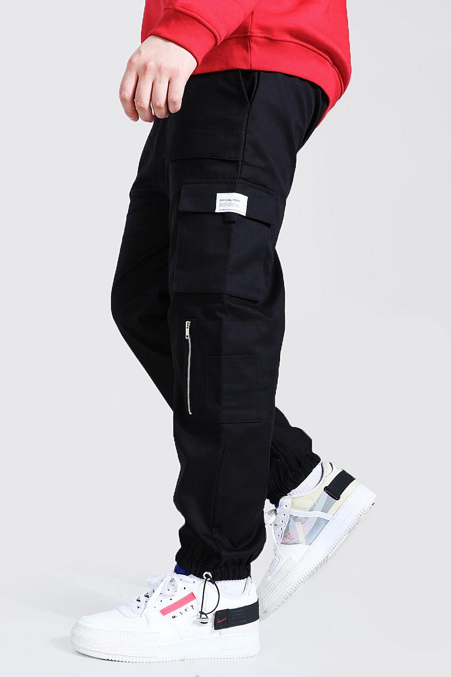 Zwart Plus Size Slim Fit Utility Joggingbroek Met Rits image number 1