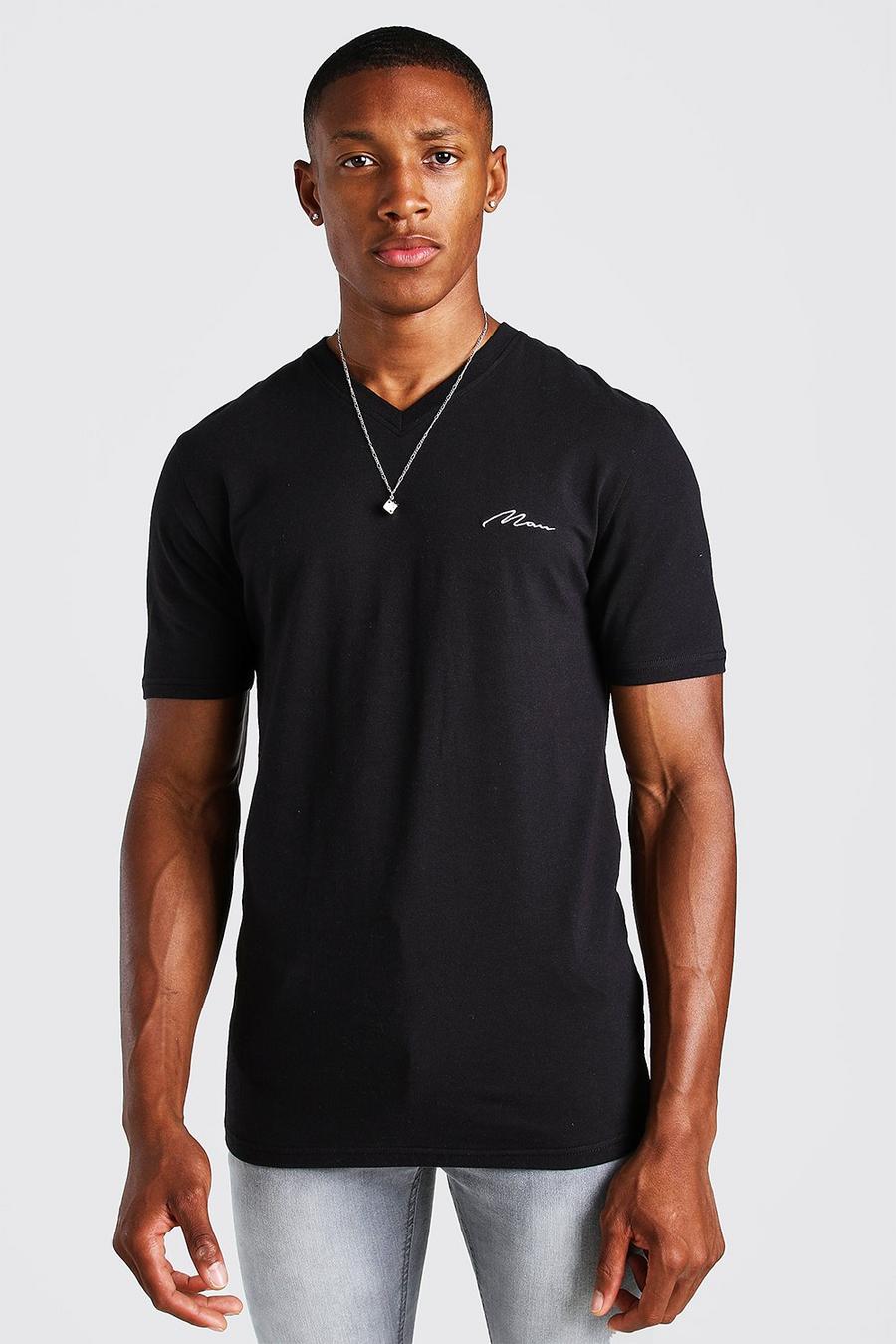 Black MAN Signature V Neck Muscle Fit T-Shirt image number 1